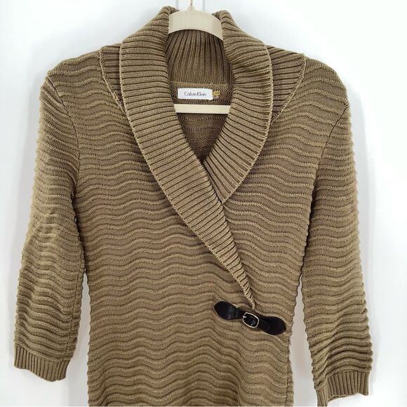 Calvin Klein Mock Wrap Wavey Knit Dark Tan Dress w/Leather Buckel Accent-Size S - Picture 2 of 9